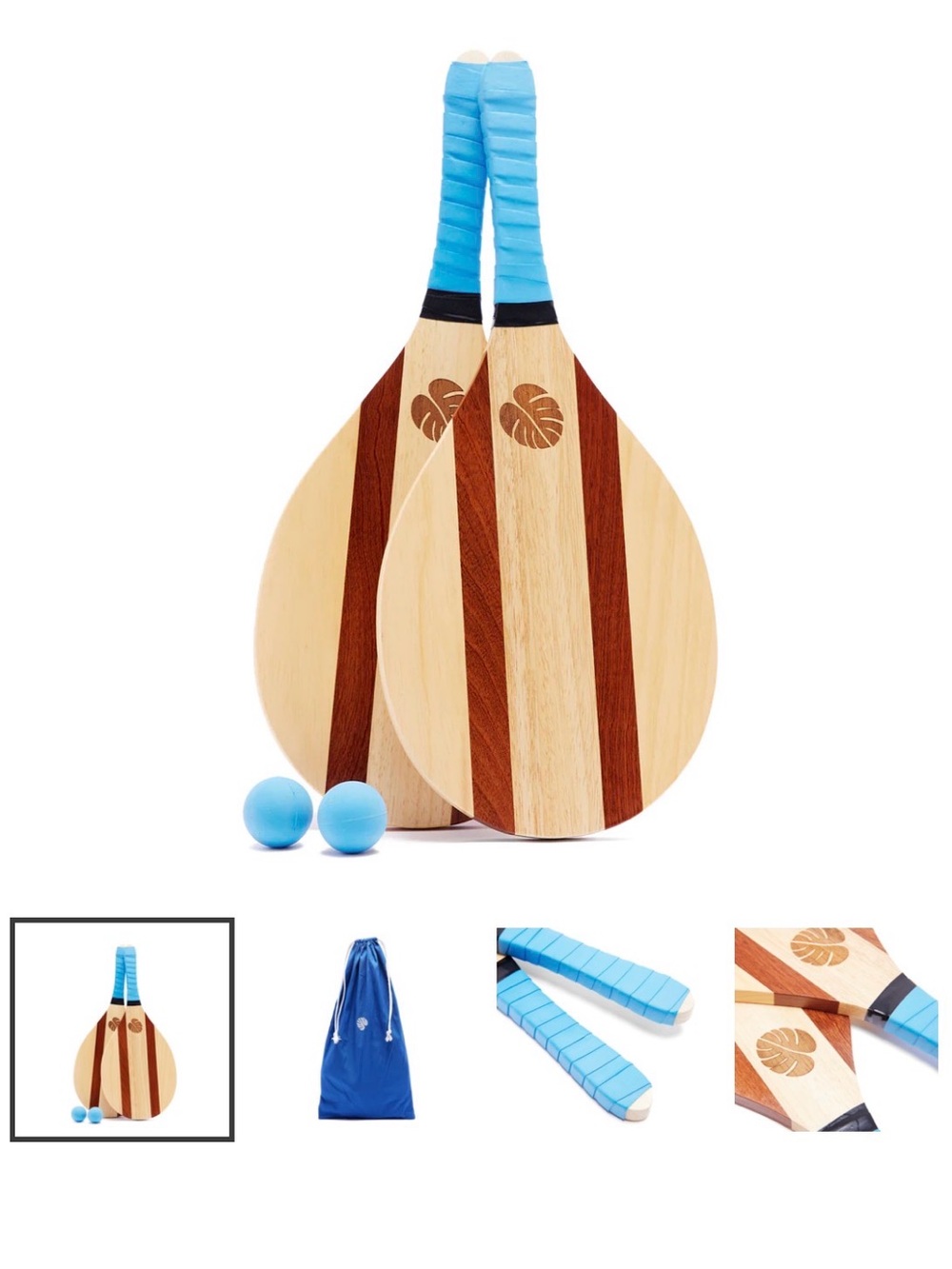Wooden Beach Paddle Ball Set in Light Wood and Blue